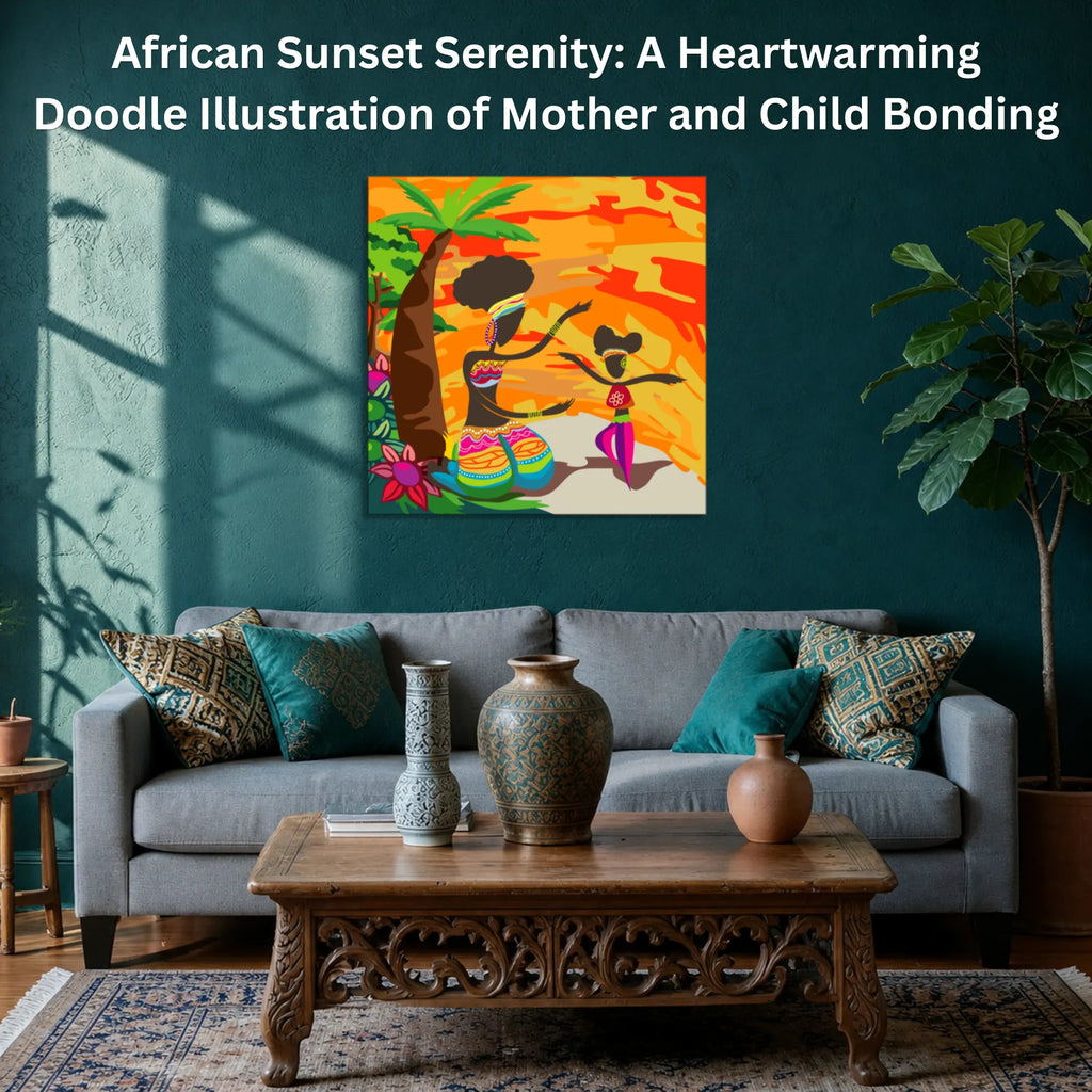 African Sunset Serenity: Mother & Child Doodle canvas wall art displayed in a modern living room home décor setup