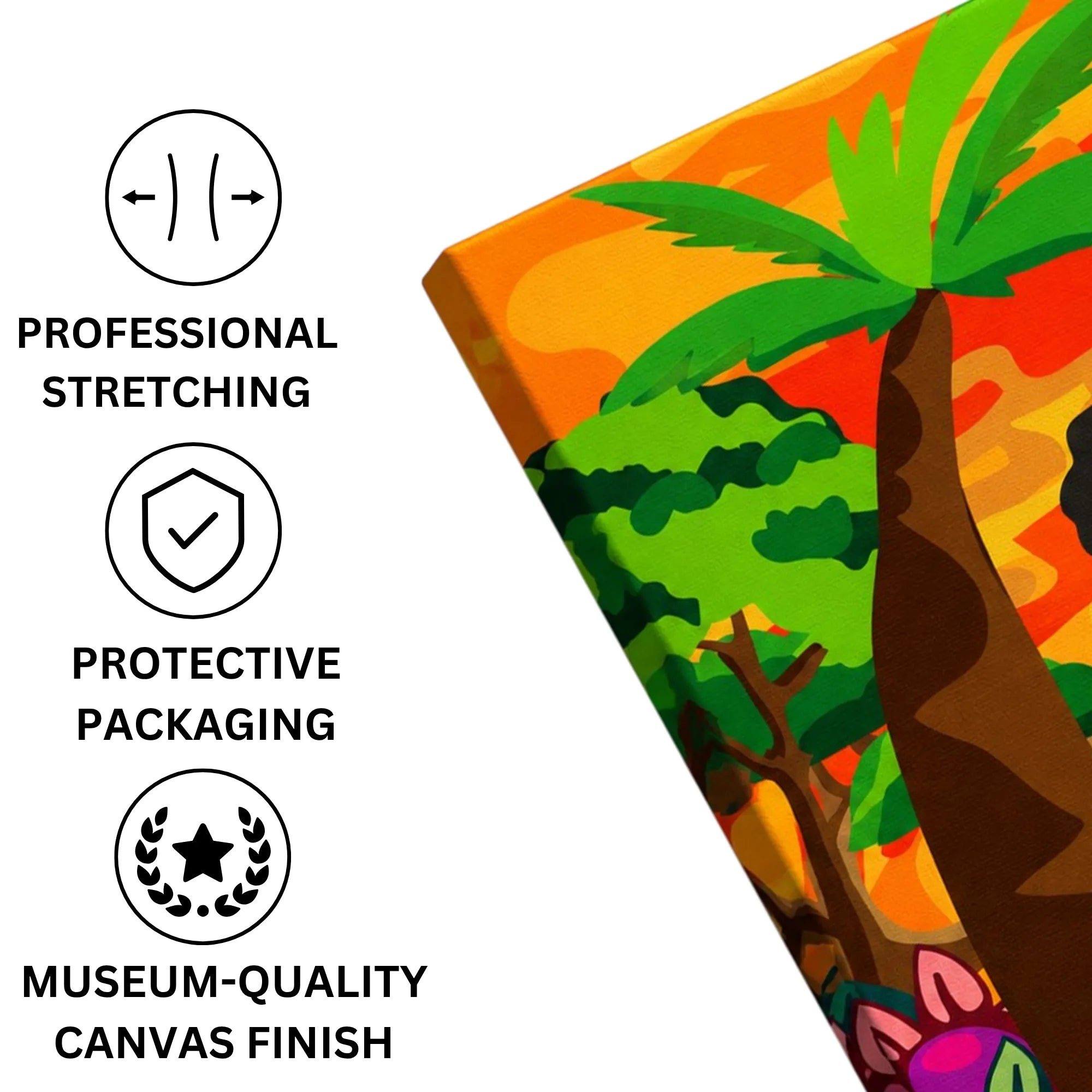 African Sunset Serenity: Mother & Child Doodle canvas print professionally stretched with a neat wrap finish and securely packed in protective packaging for safe delivery