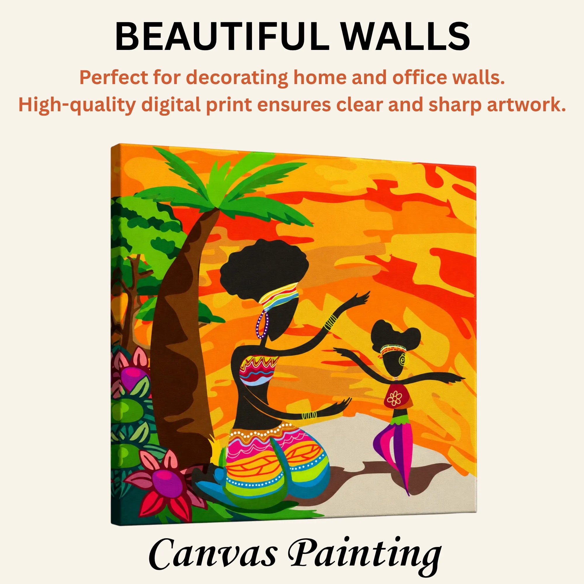 African Sunset Serenity: Mother & Child Doodle artistic canvas print enhancing beautiful living room walls