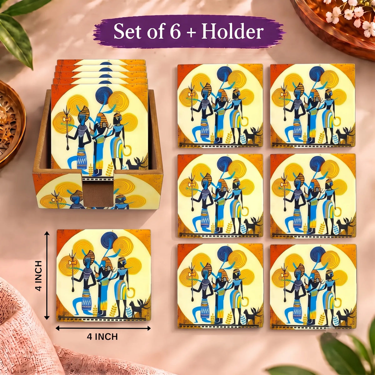 PaintzStories Ancient Ritual wooden coasters 4x4 inch with holder dimensions