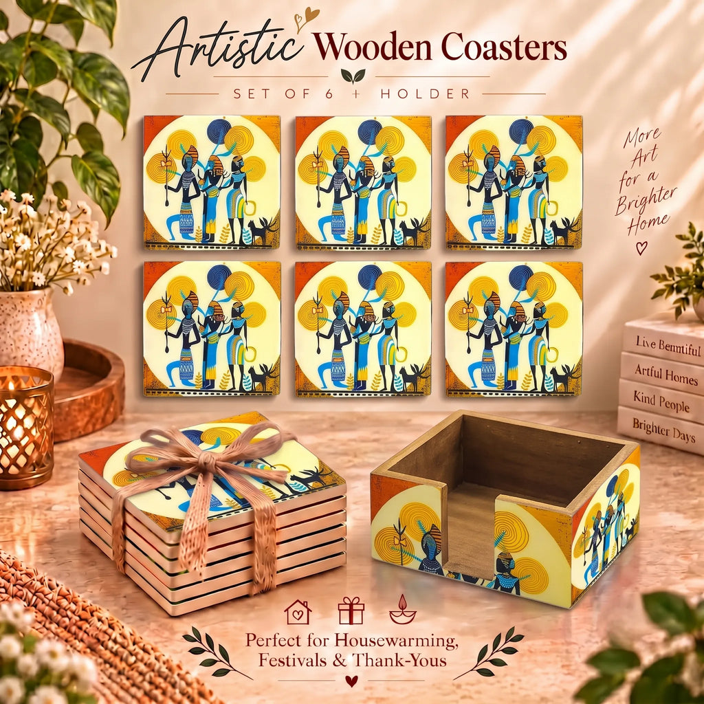PaintzStories Ancient Ritual wooden coasters set of 6 gift item