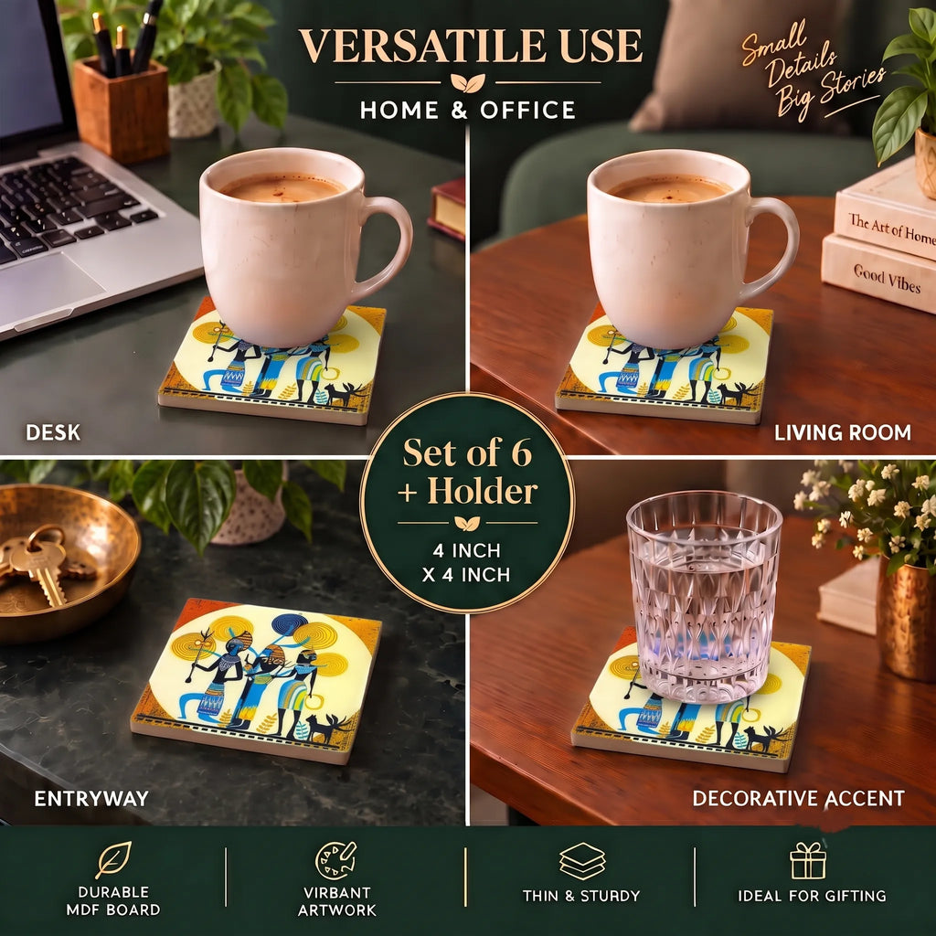 PaintzStories Ancient Ritual wooden coasters for dining table and everyday use