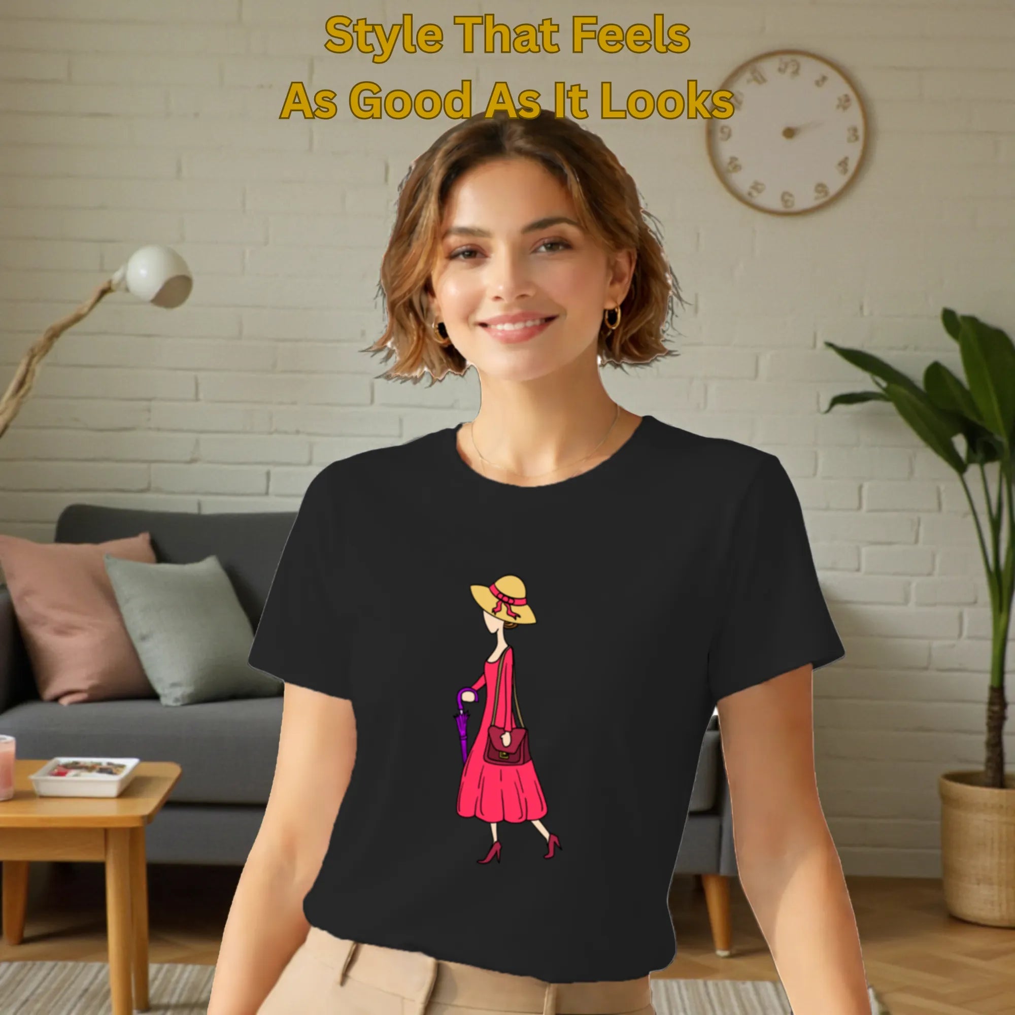 Female model wearing A Walking Lady artistic t-shirt in Black