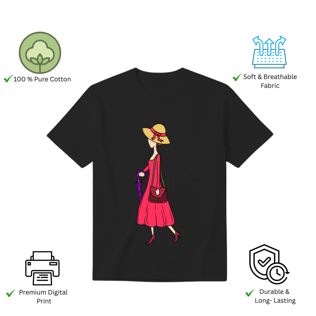 A Walking Lady women's t-shirt features premium cotton and vibrant artwork print