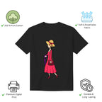 A Walking Lady women's t-shirt features premium cotton and vibrant artwork print