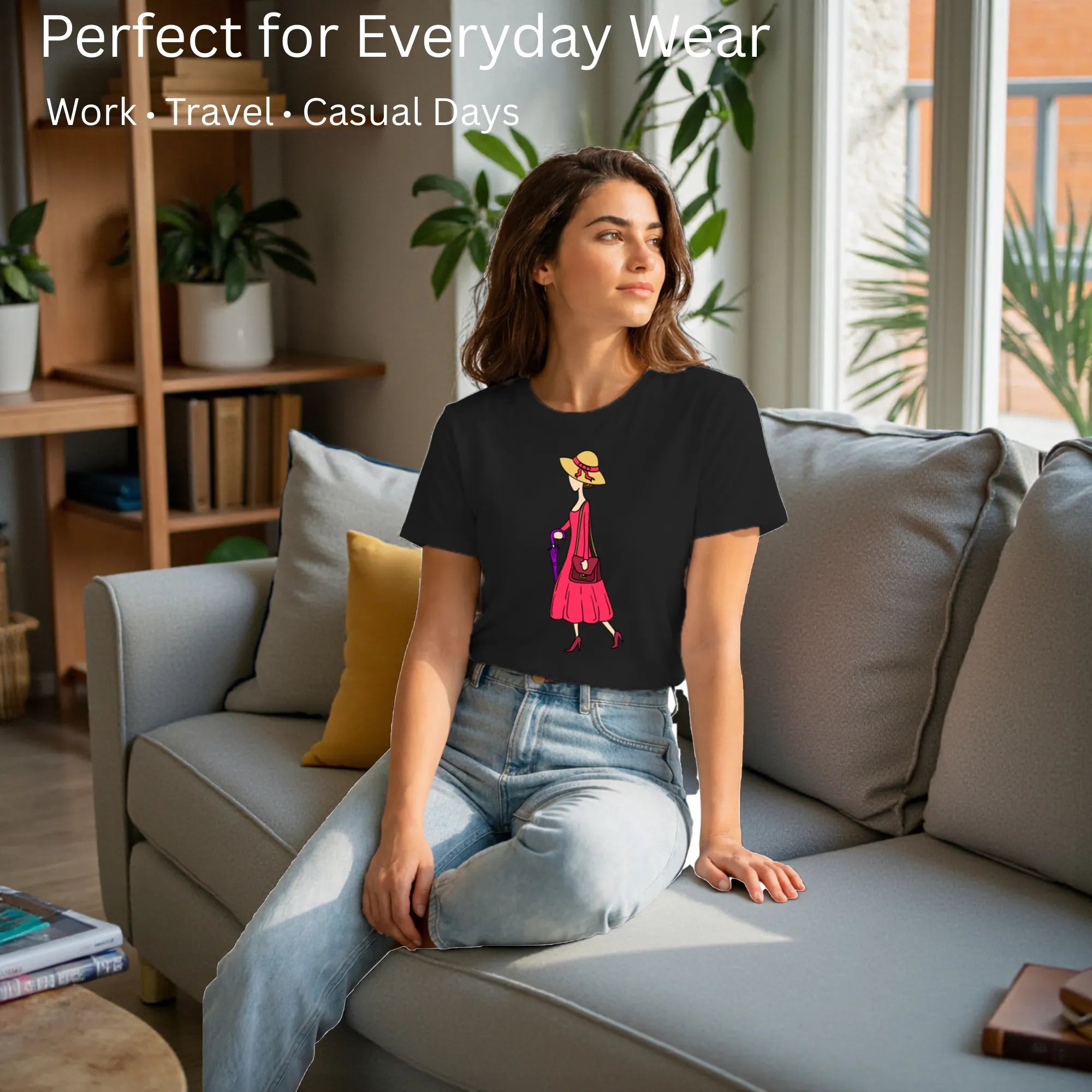Female model showcasing A Walking Lady artistic cotton t-shirt by PaintzStoriesFemale model showcasing A Walking Lady artistic cotton t-shirt by PaintzStories
