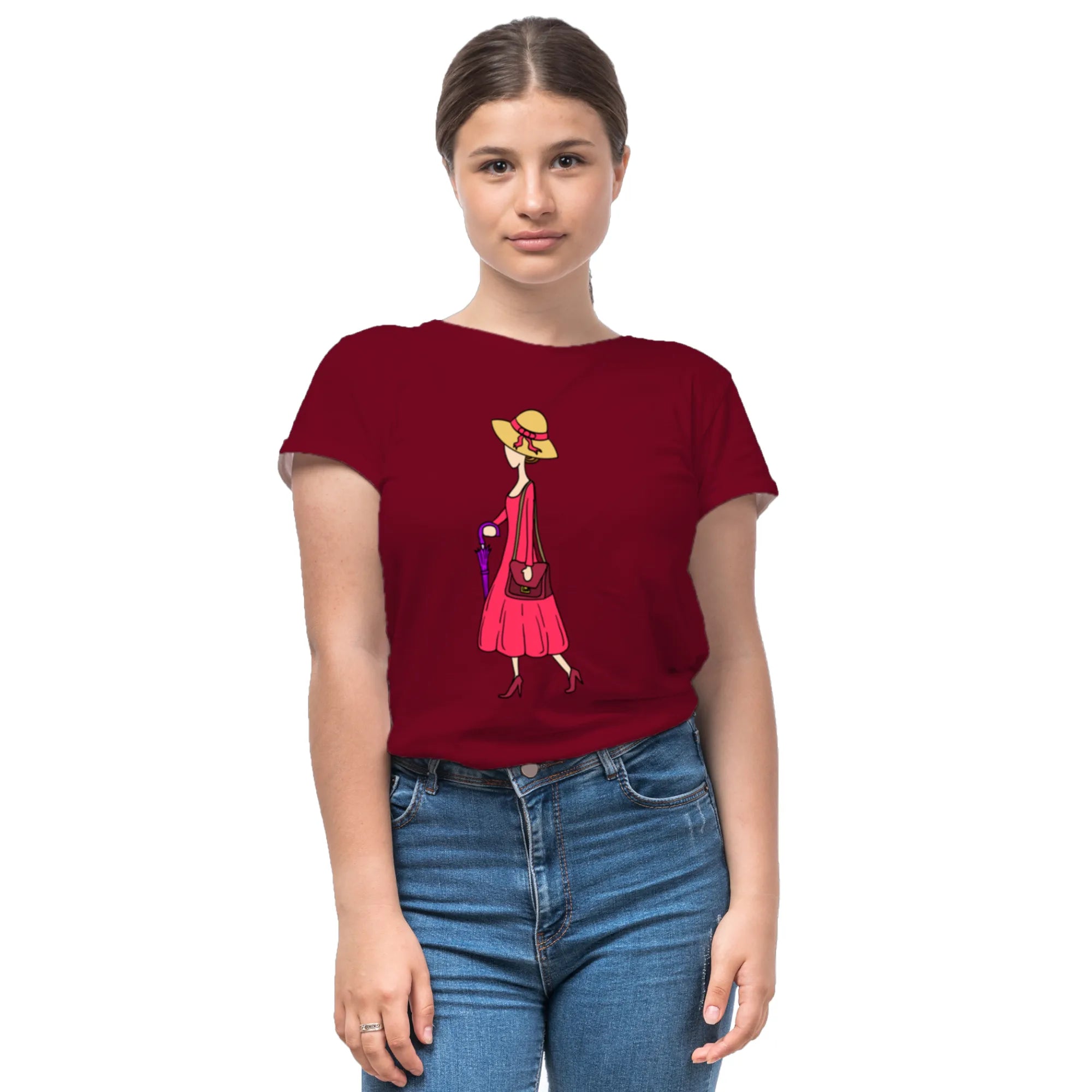 A Walking Lady women's artistic cotton t-shirt in Maroon by PaintzStories