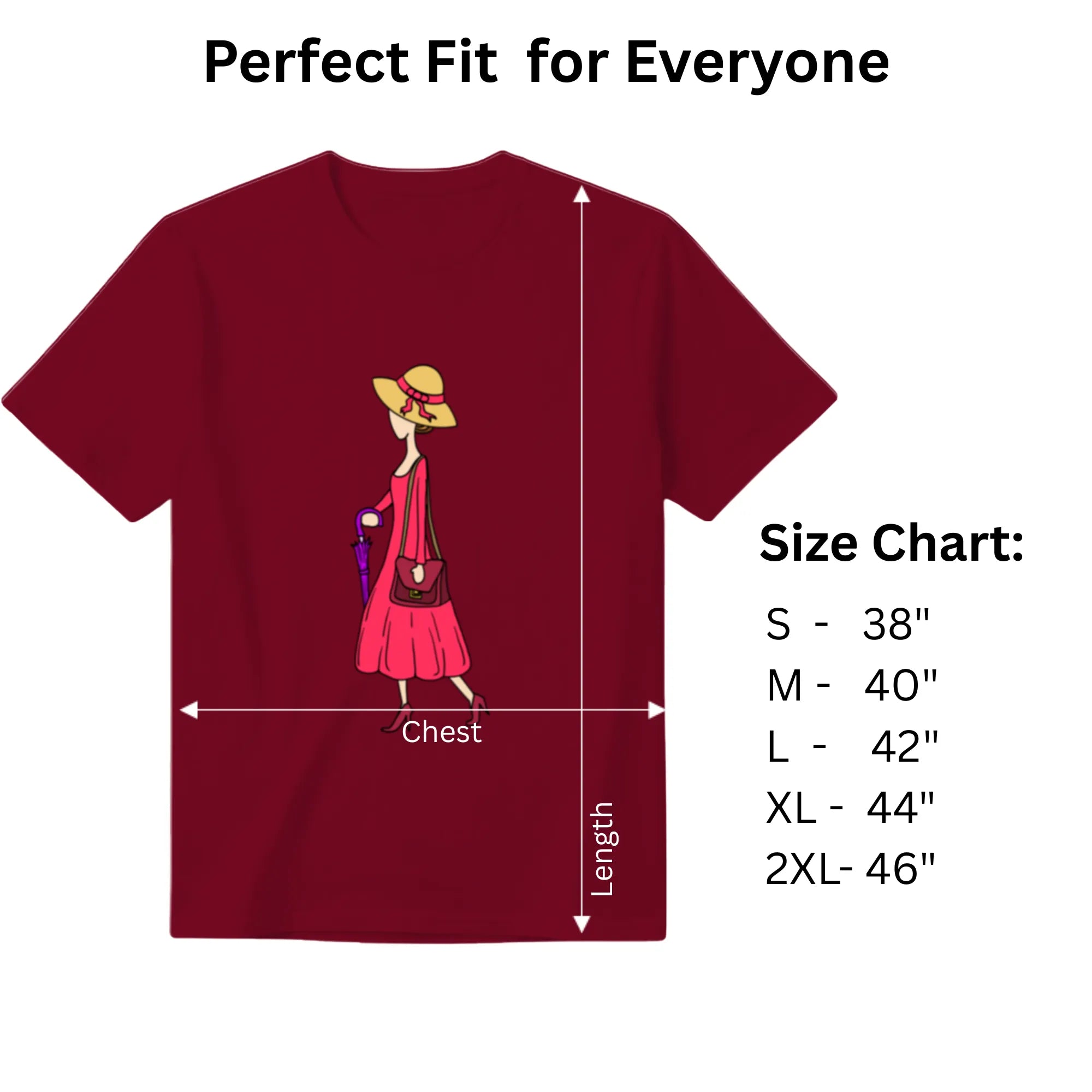 A Walking Lady women's graphic tee size chart and dimensions guide