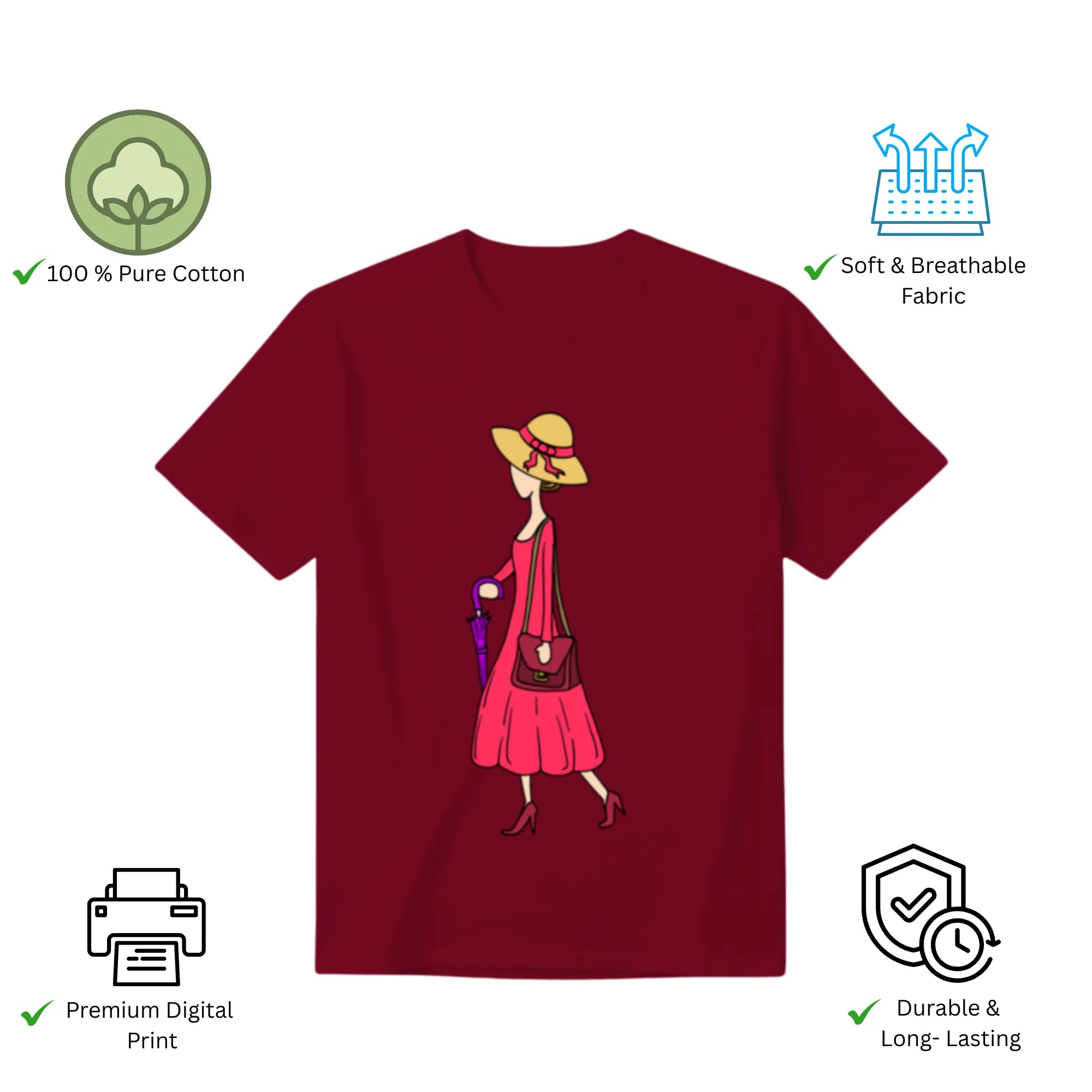 A Walking Lady women's t-shirt features premium cotton and vibrant artwork print