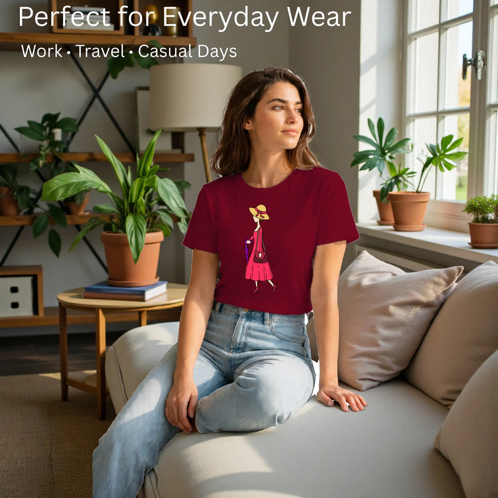 Female model showcasing A Walking Lady artistic cotton t-shirt by PaintzStories