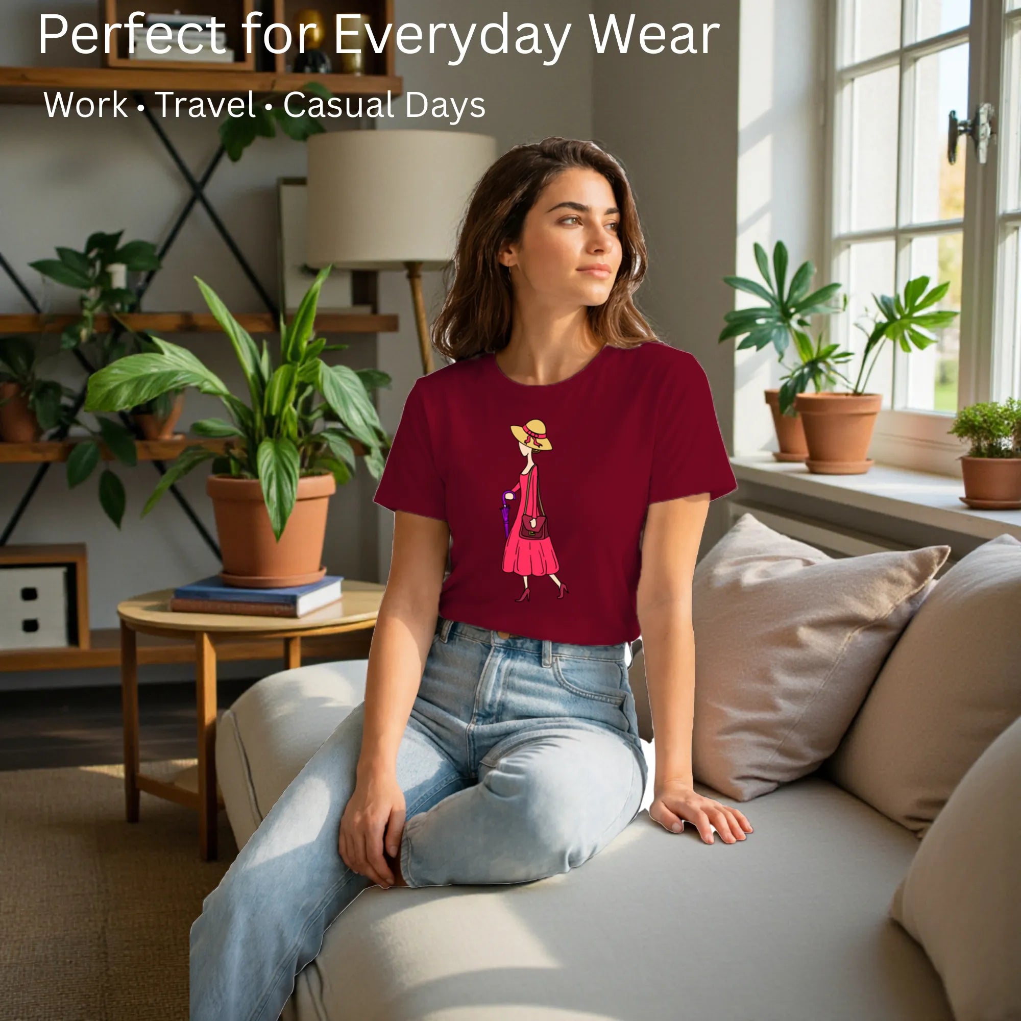 Female model showcasing A Walking Lady artistic cotton t-shirt by PaintzStories