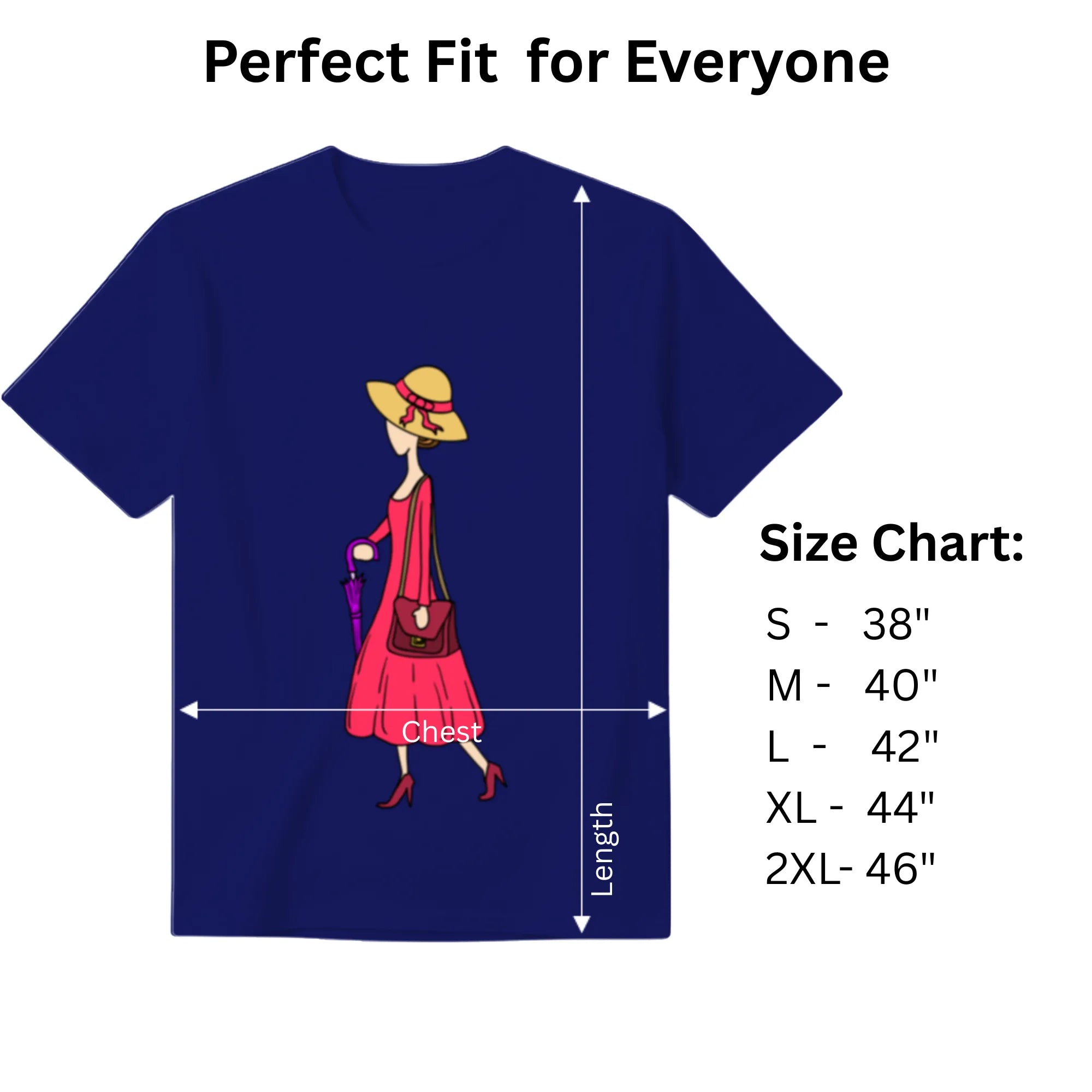 A Walking Lady women's graphic tee size chart and dimensions guide