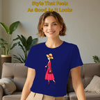 Female model wearing A Walking Lady artistic t-shirt in Navy Blue