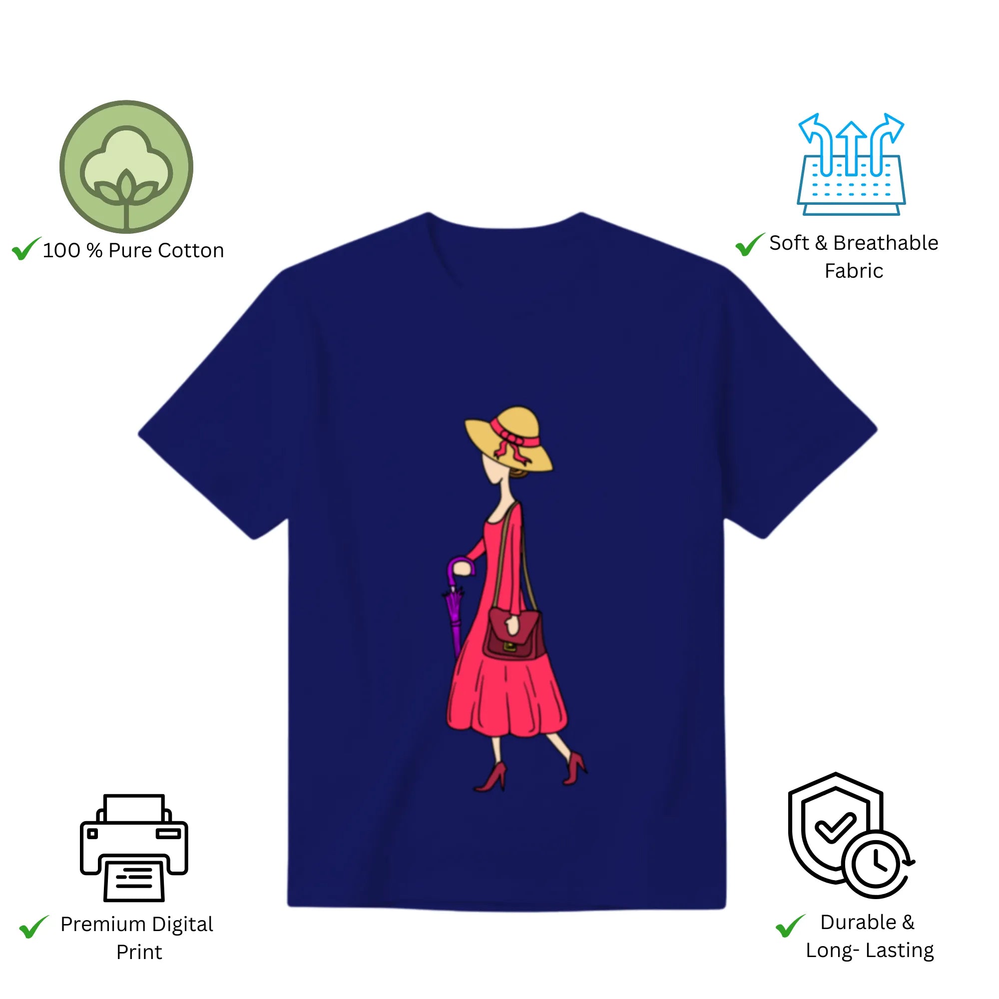 A Walking Lady women's t-shirt features premium cotton and vibrant artwork print