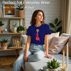 Female model showcasing A Walking Lady artistic cotton t-shirt by PaintzStories