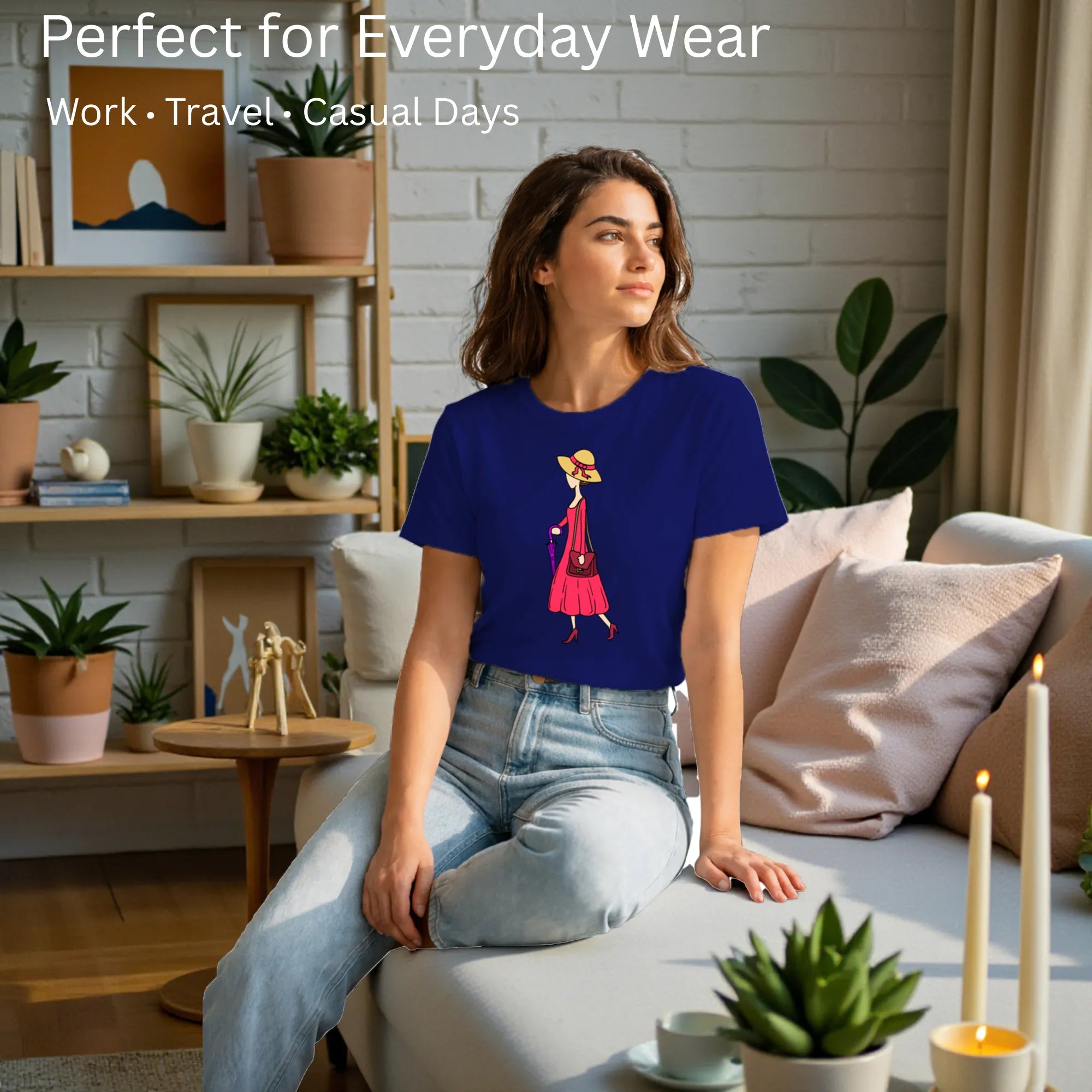 Female model showcasing A Walking Lady artistic cotton t-shirt by PaintzStories