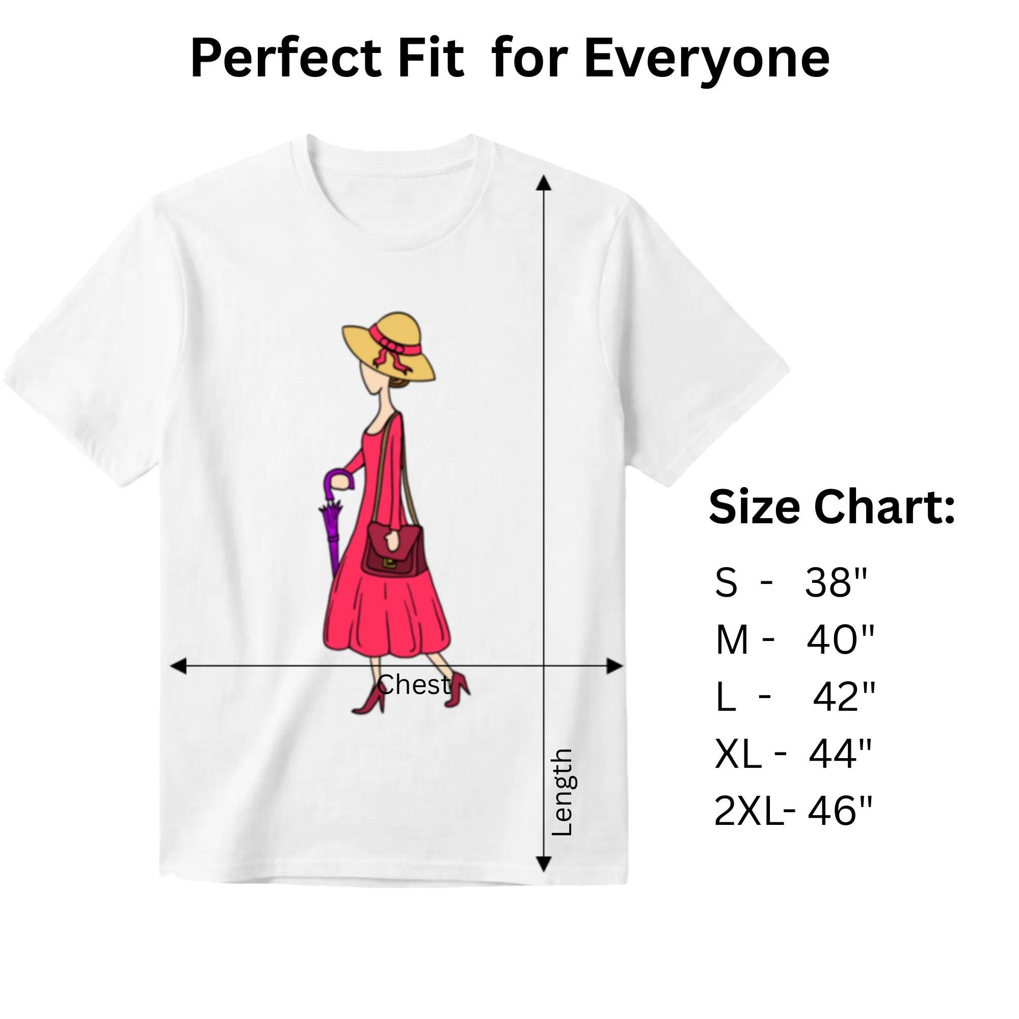 A Walking Lady women's graphic tee size chart and dimensions guide
