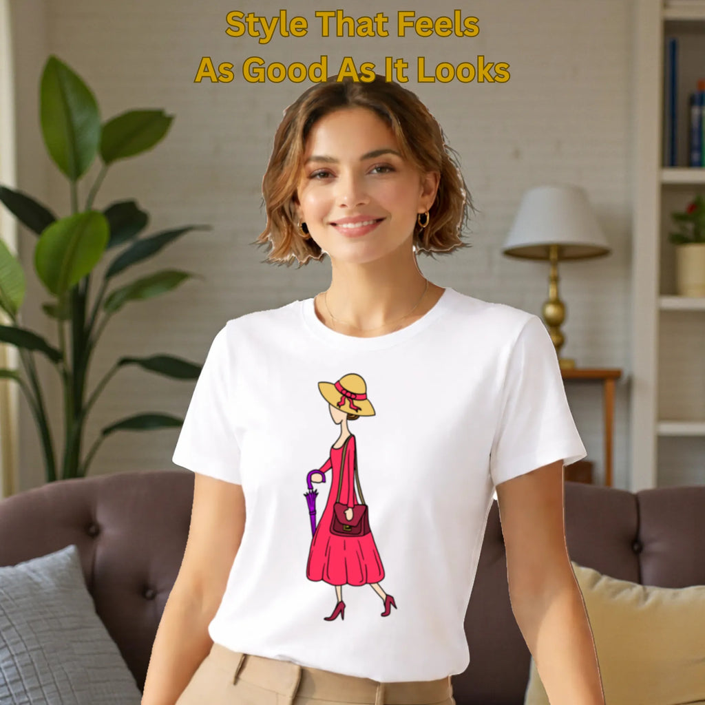 Female model wearing A Walking Lady artistic t-shirt in White