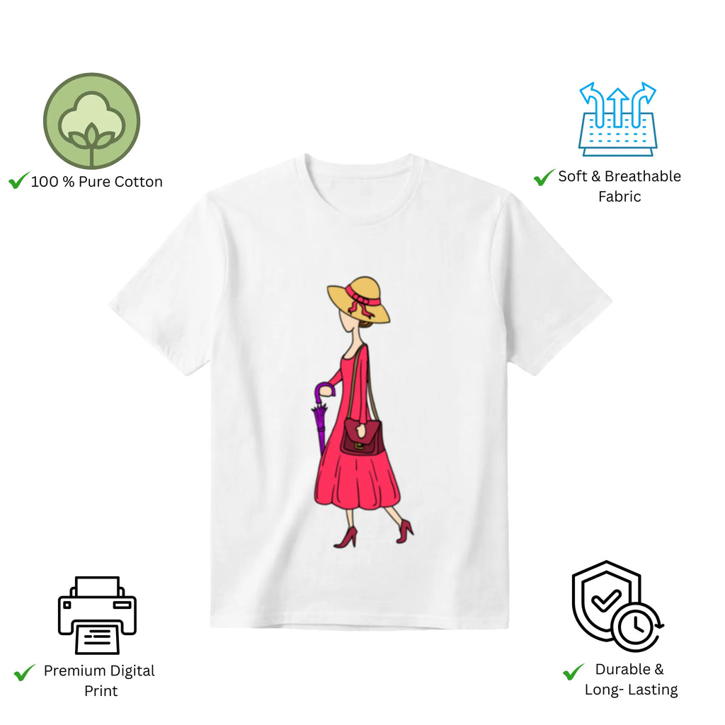 A Walking Lady women's t-shirt features premium cotton and vibrant artwork print