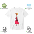 A Walking Lady women's t-shirt features premium cotton and vibrant artwork print