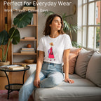 Female model showcasing A Walking Lady artistic cotton t-shirt by PaintzStories