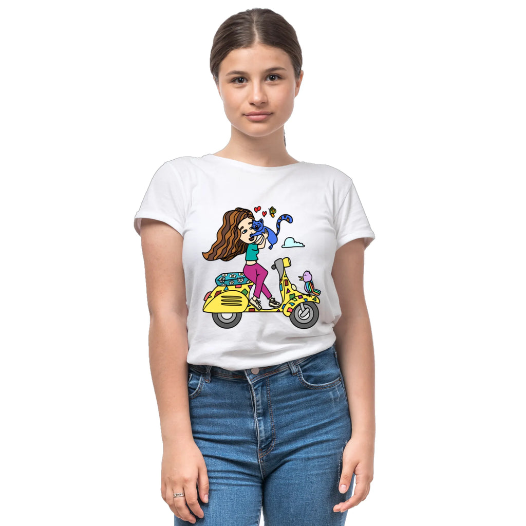 A Girl on Scooter women's artistic cotton t-shirt in White by PaintzStories