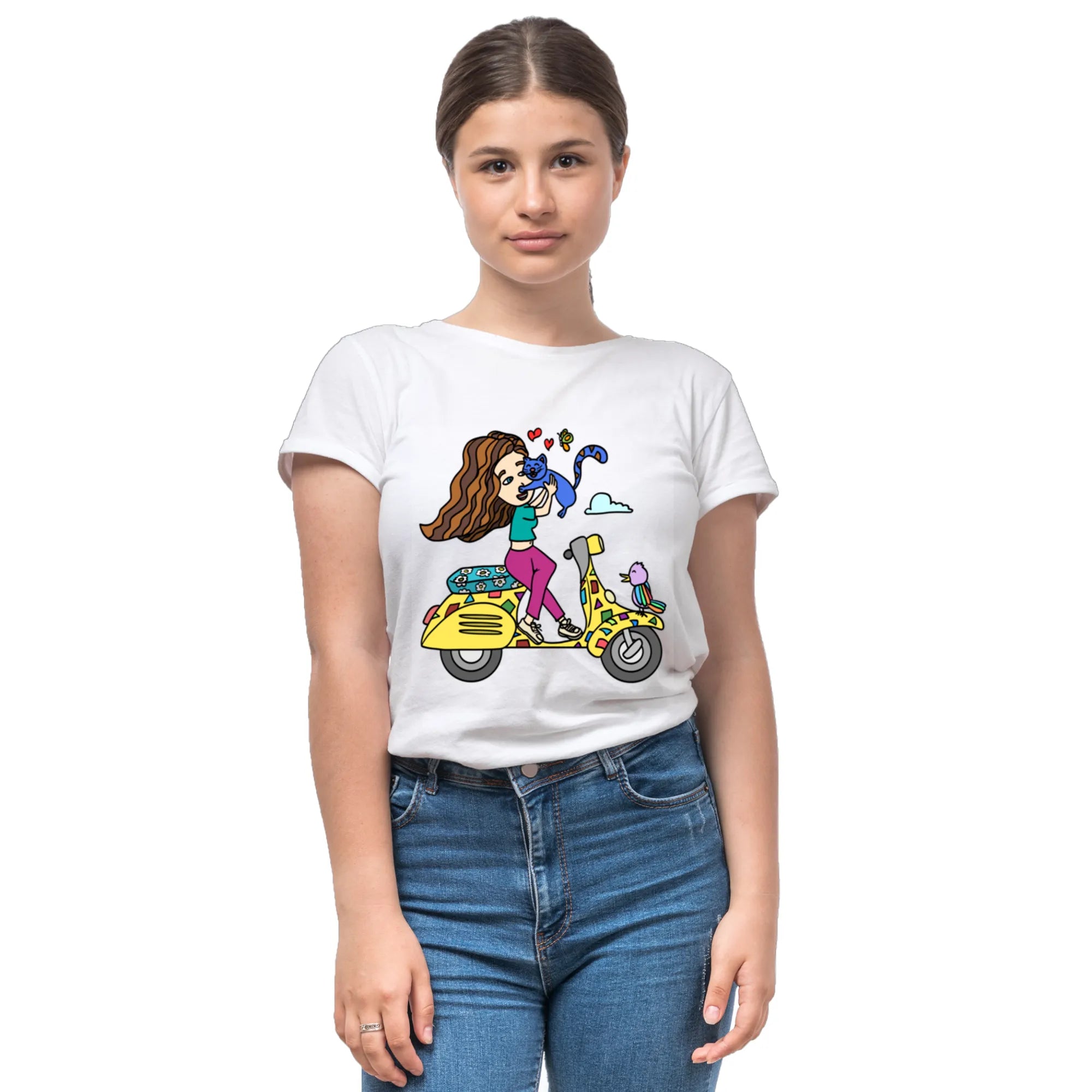 A Girl on Scooter women's artistic cotton t-shirt in White by PaintzStories