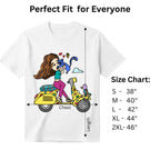 A Girl on Scooter women's graphic tee size chart and dimensions guide
