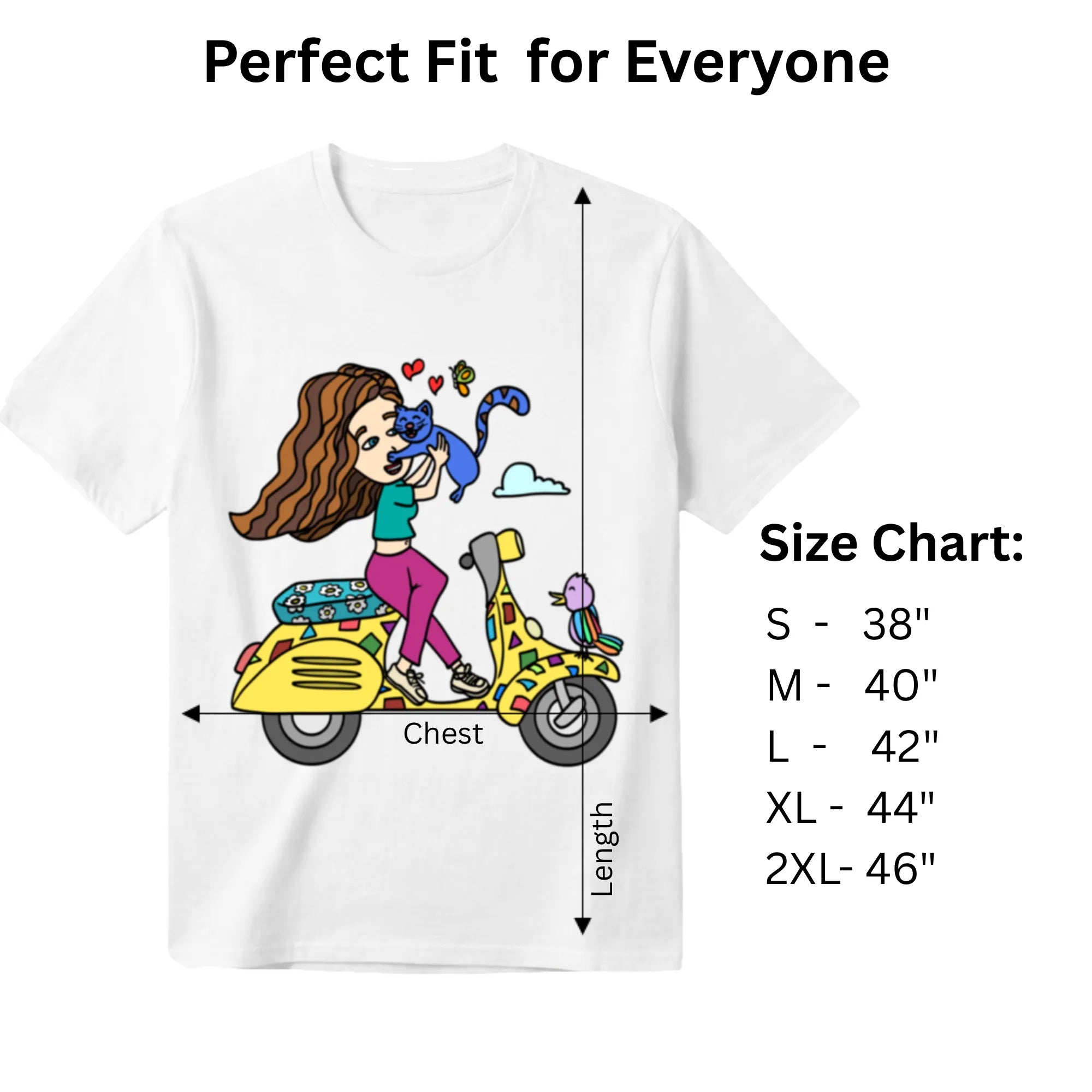 A Girl on Scooter women's graphic tee size chart and dimensions guide
