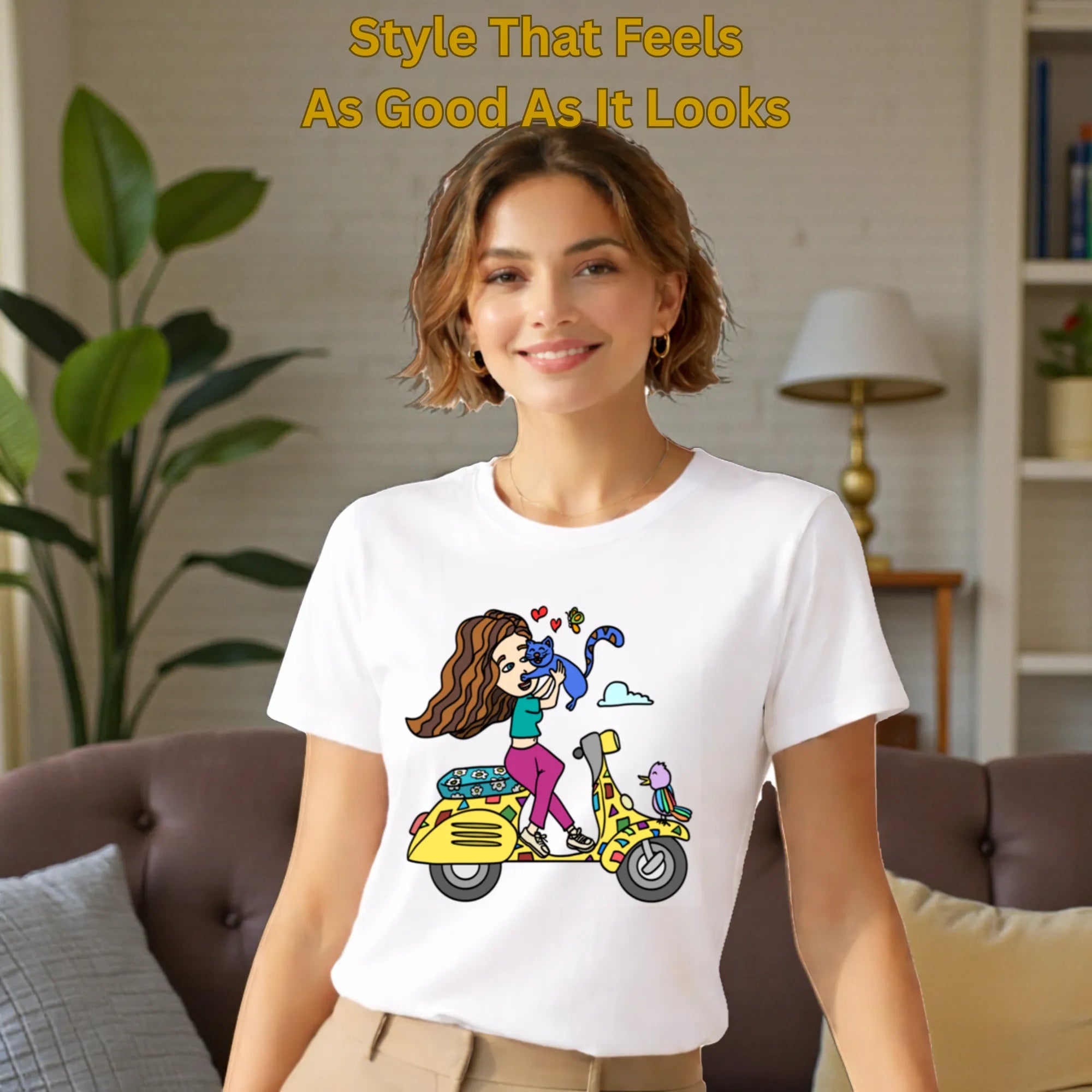 Female model wearing A Girl on Scooter artistic t-shirt in White