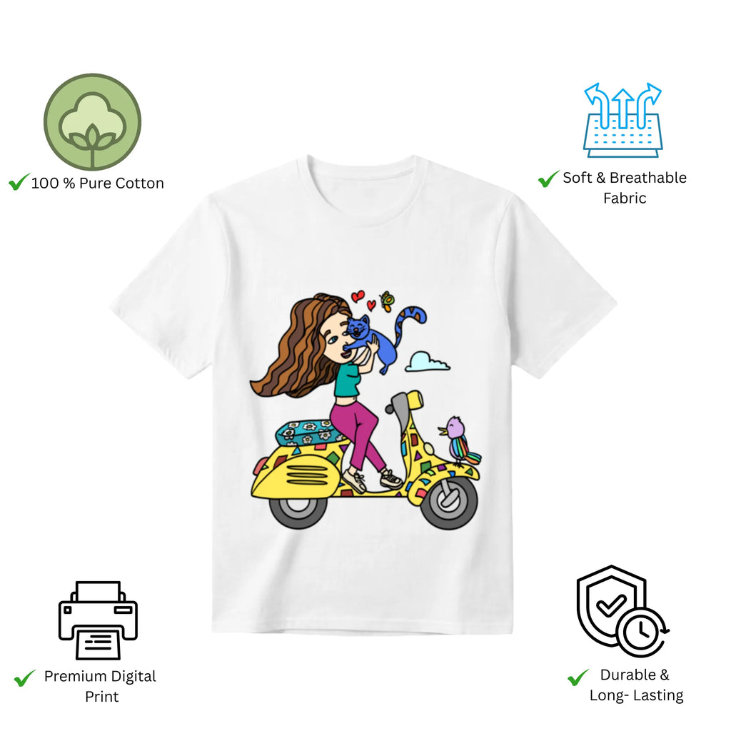 A Girl on Scooter women's t-shirt features premium cotton and vibrant artwork print