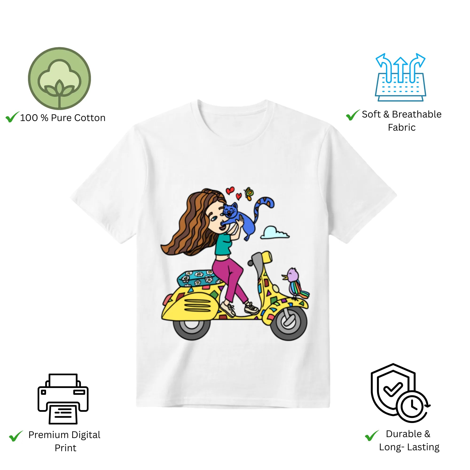 A Girl on Scooter women's t-shirt features premium cotton and vibrant artwork print