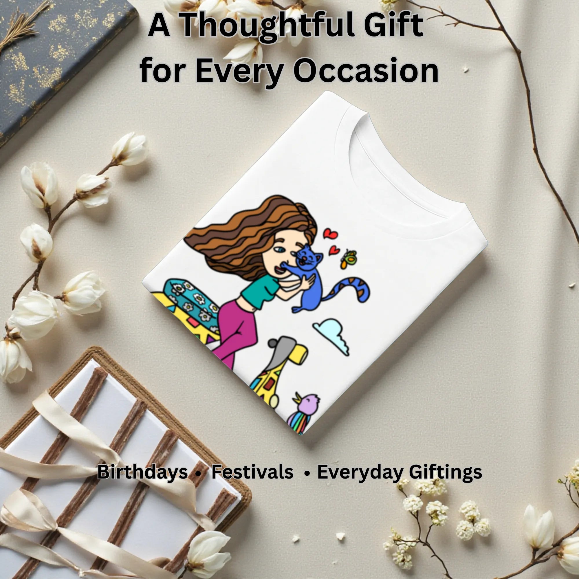 A Girl on Scooter artistic t-shirt gift for women, birthdays and special occasions
