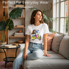 Female model showcasing A Girl on Scooter artistic cotton t-shirt by PaintzStories