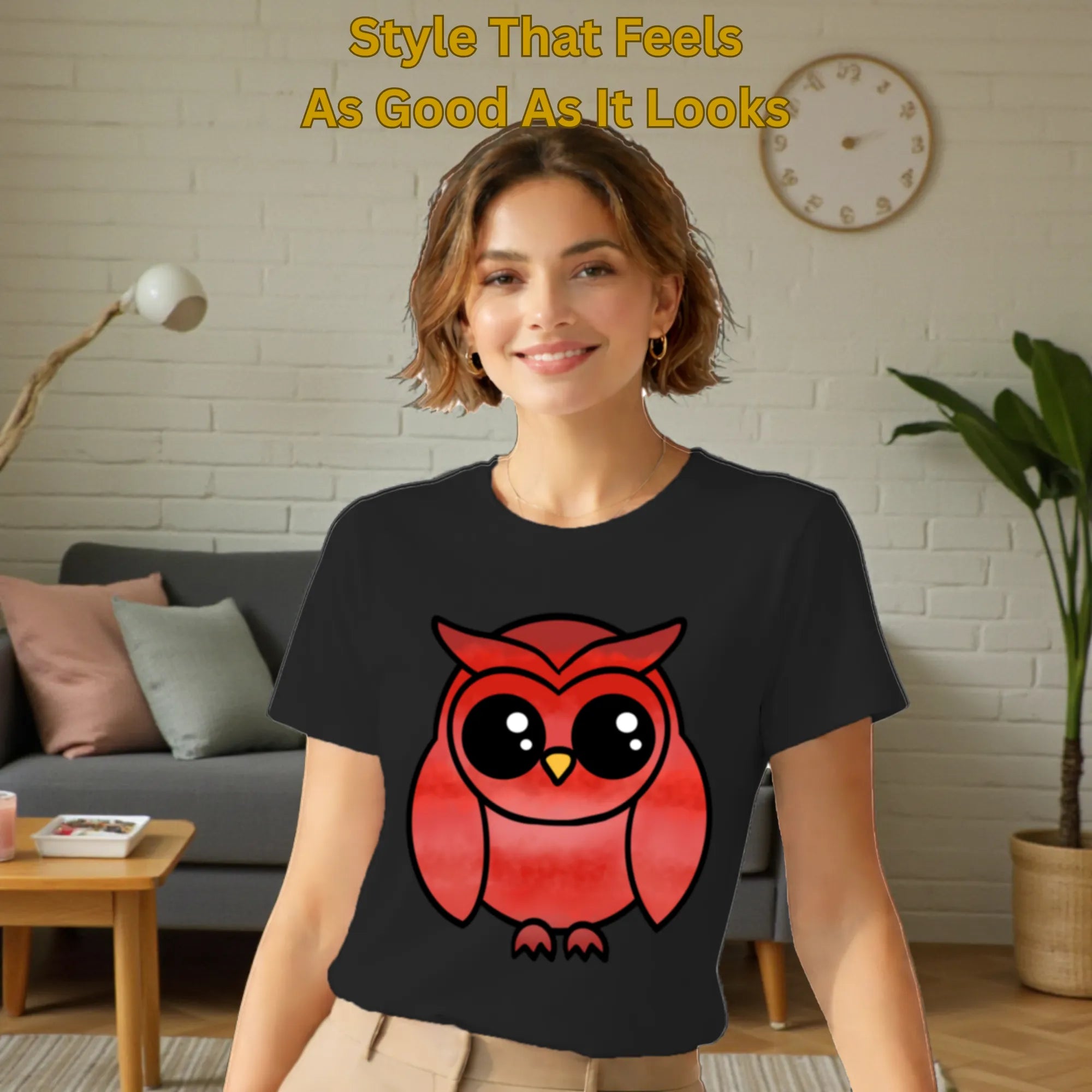 Female model wearing A Graceful Owl artistic t-shirt in Black