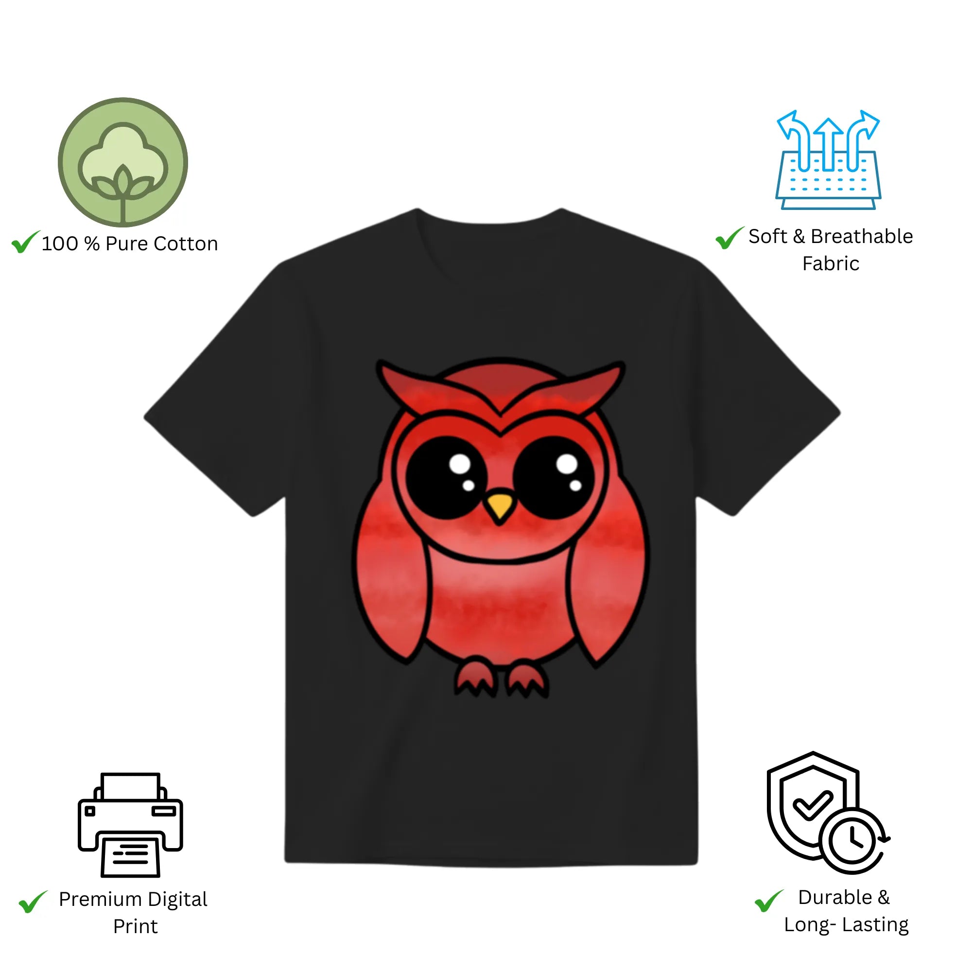 A Graceful Owl women's t-shirt features premium cotton and vibrant artwork print