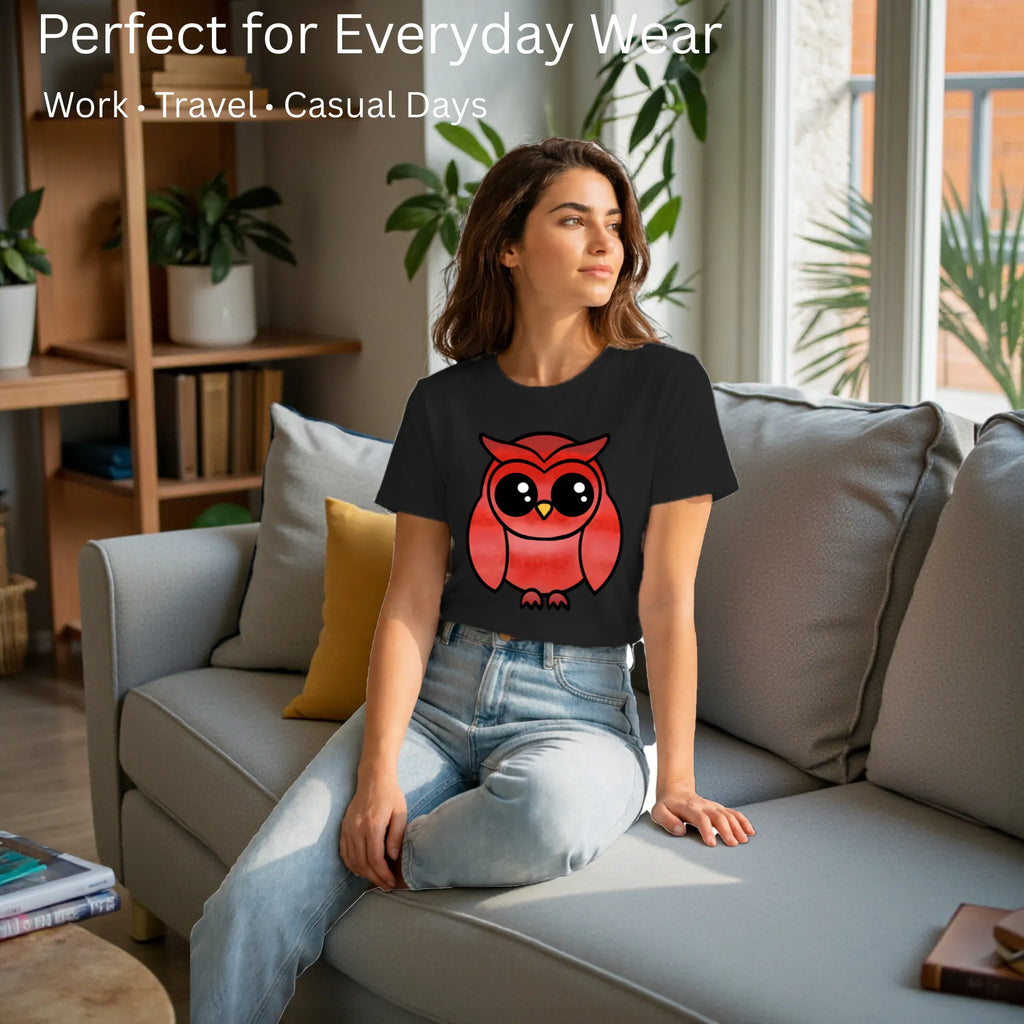 Female model showcasing A Graceful Owl artistic cotton t-shirt by PaintzStories