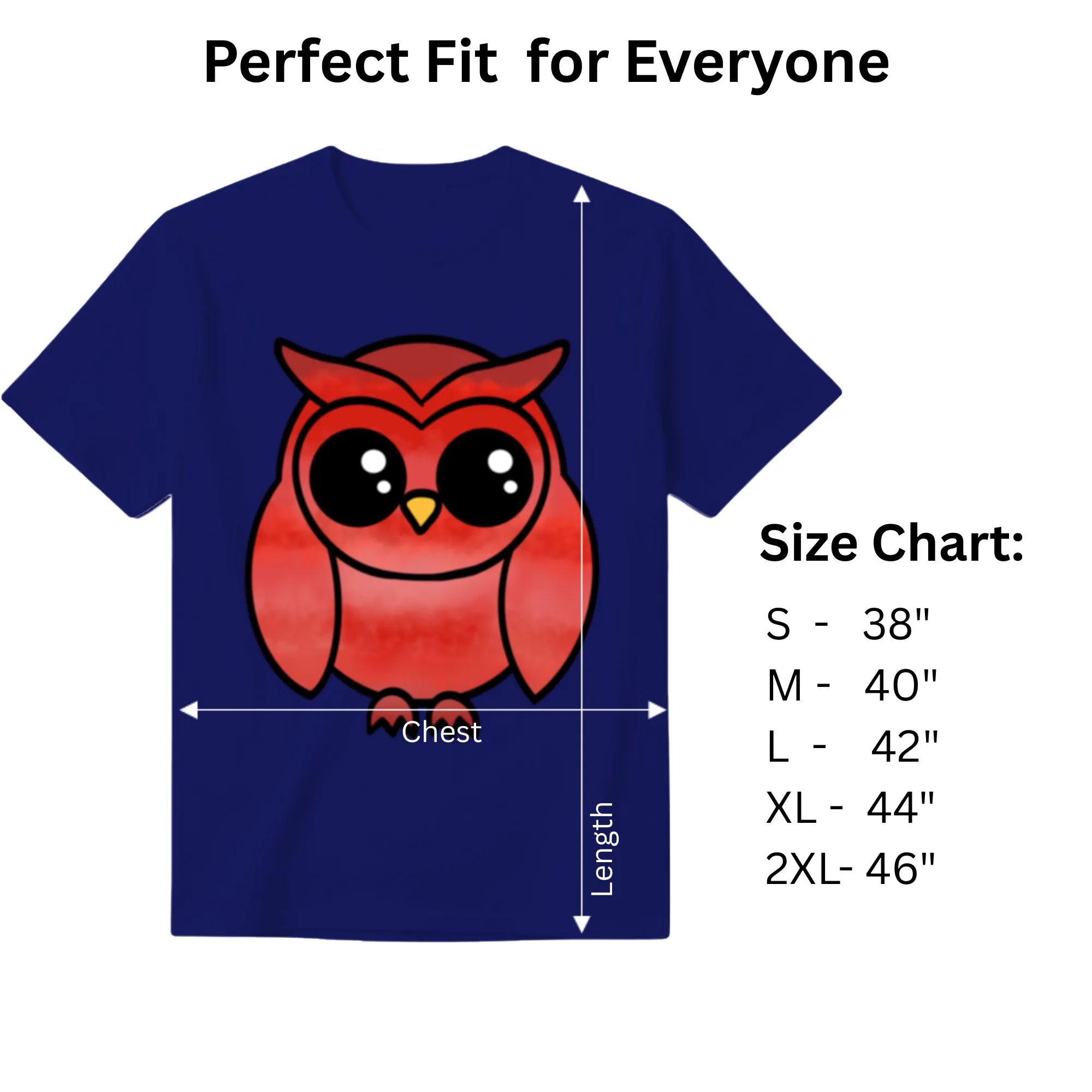 A Graceful Owl women's graphic tee size chart and dimensions guide