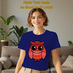 Female model wearing A Graceful Owl artistic t-shirt in Navy Blue