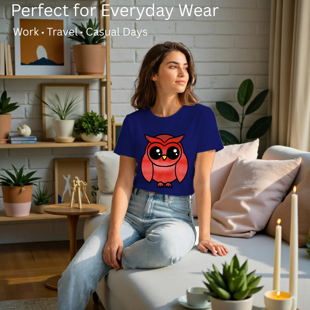 Female model showcasing A Graceful Owl artistic cotton t-shirt by PaintzStories