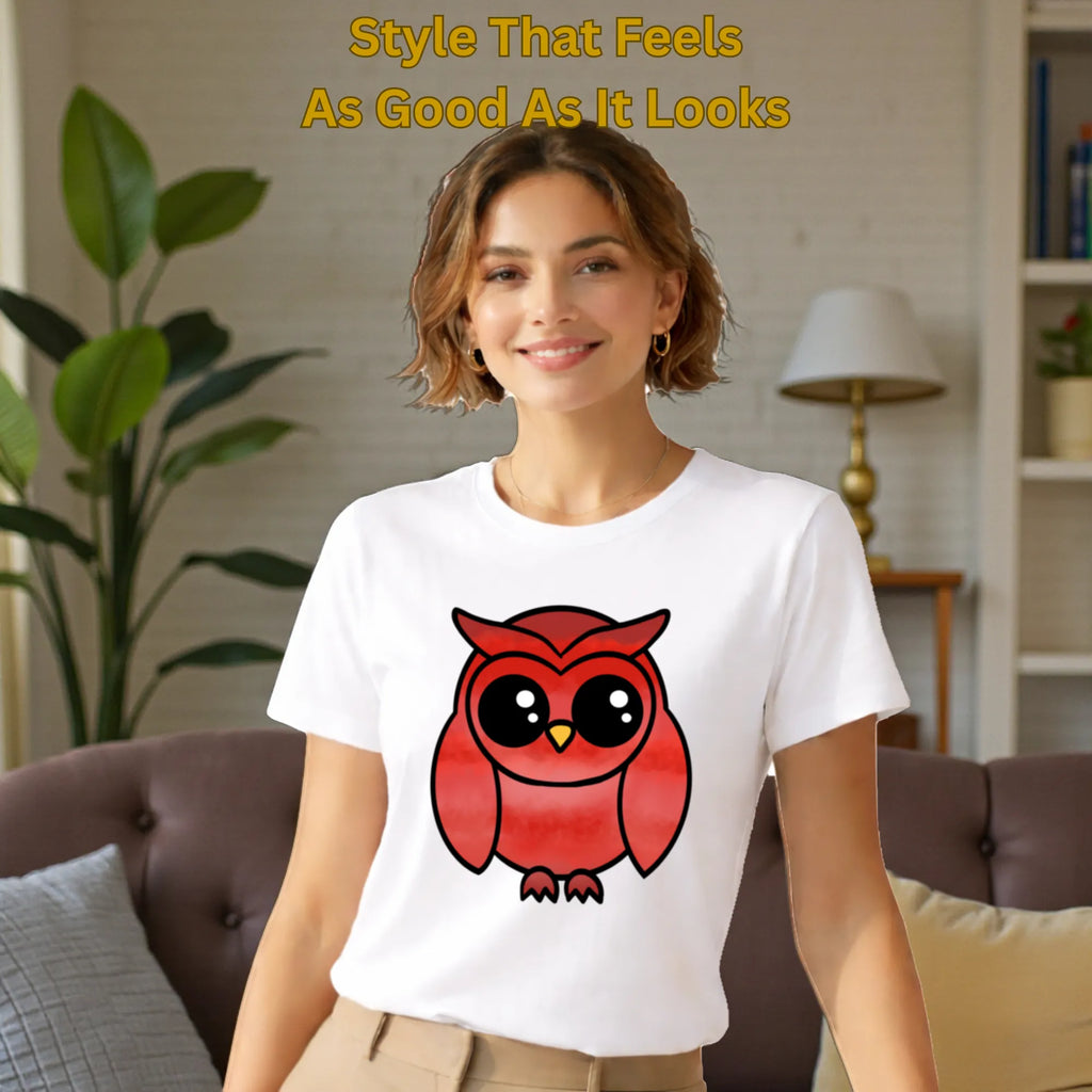 Female model wearing A Graceful Owl artistic t-shirt in White