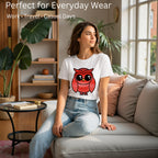 Female model showcasing A Graceful Owl artistic cotton t-shirt by PaintzStories