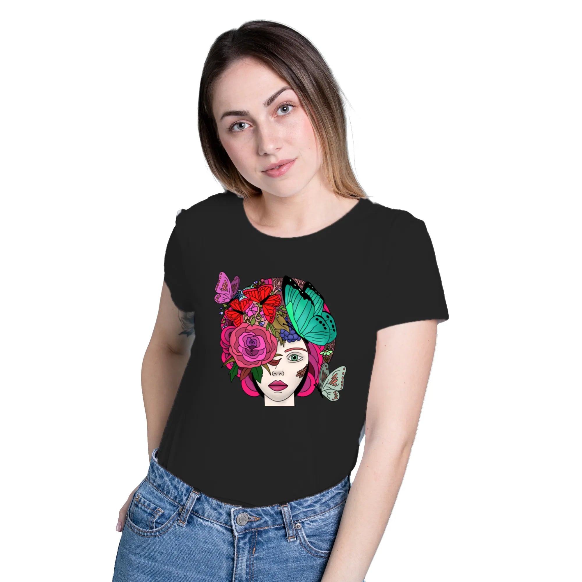 Butterfly Lady women's artistic cotton t-shirt in Black by PaintzStories