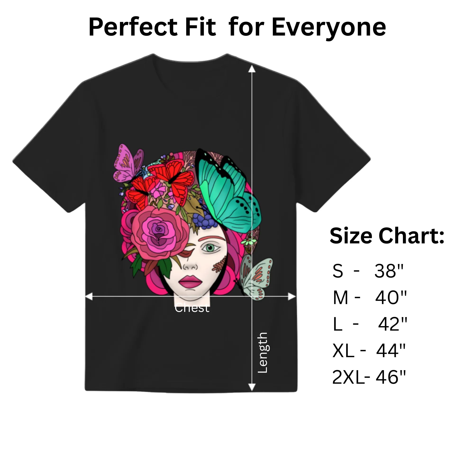 Butterfly Lady women's graphic tee size chart and dimensions guide