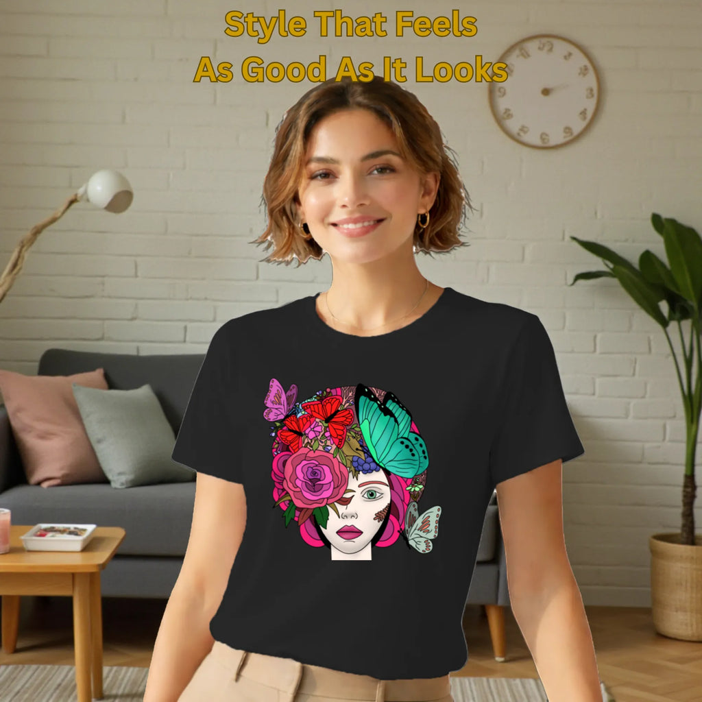 Female model wearing Butterfly Lady artistic t-shirt in Black