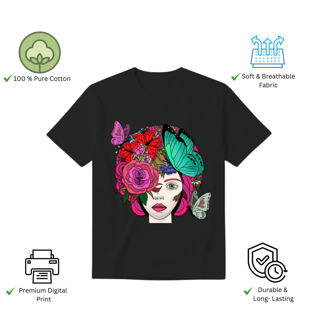 Butterfly Lady women's t-shirt features premium cotton and vibrant artwork print