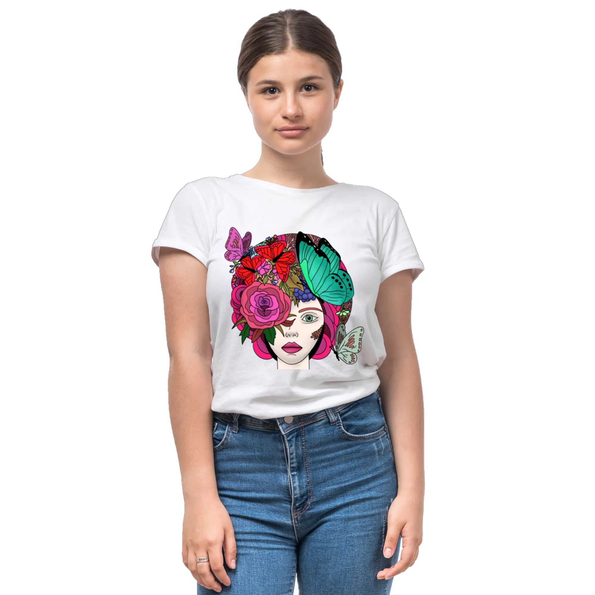 Butterfly Lady women's artistic cotton t-shirt in White by PaintzStories