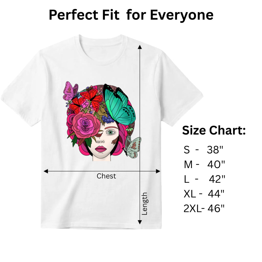 Butterfly Lady women's graphic tee size chart and dimensions guide