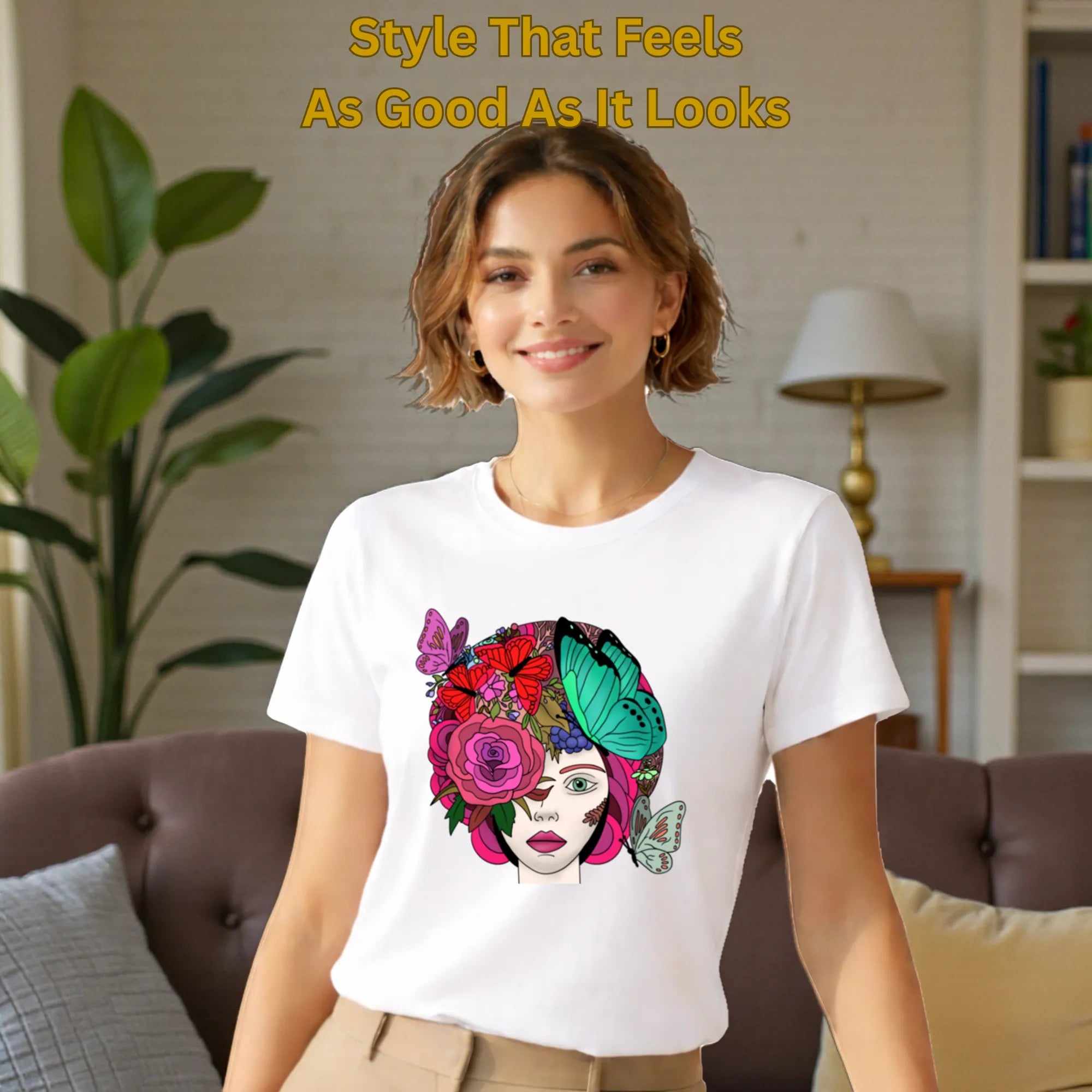 Female model wearing Butterfly Lady artistic t-shirt in White