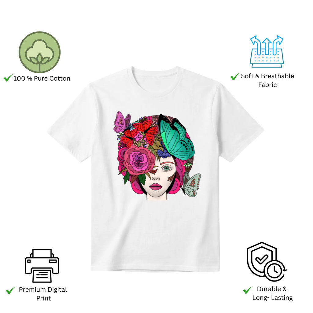 Butterfly Lady women's t-shirt features premium cotton and vibrant artwork print
